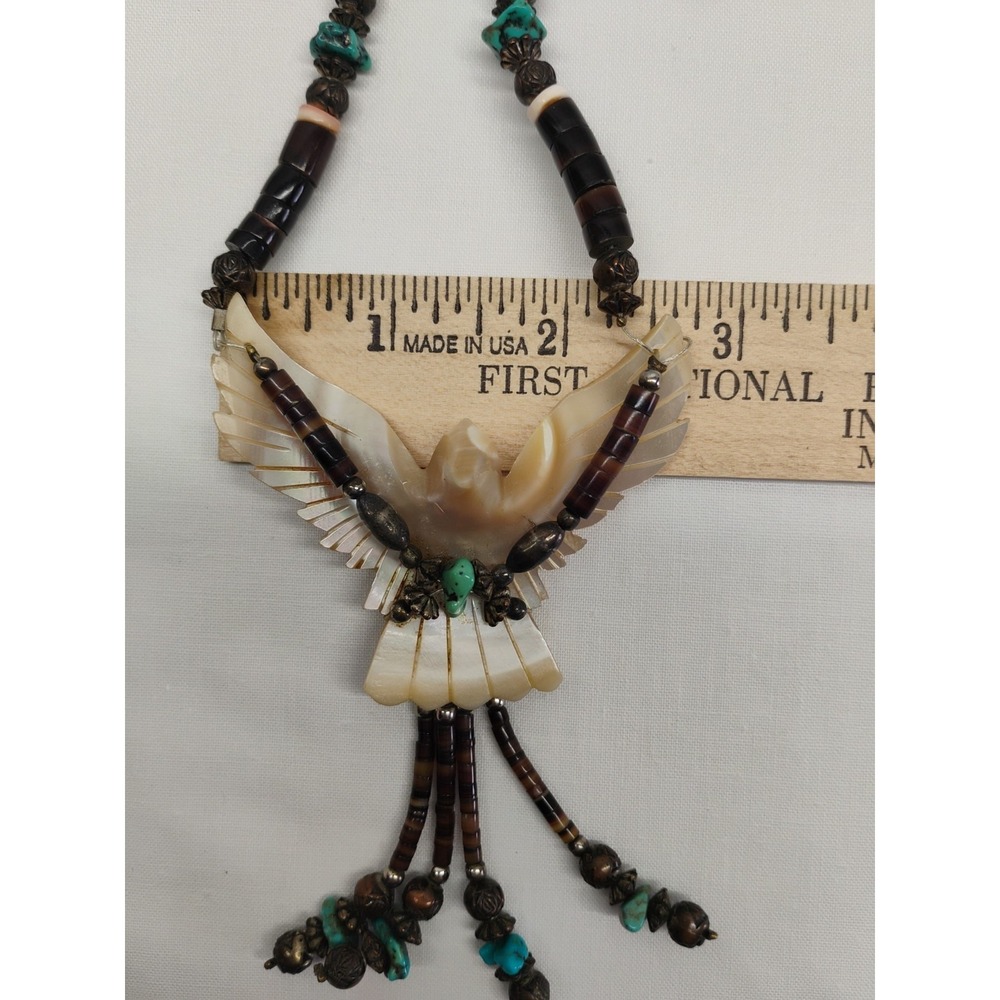 Native American Southwest Hand Carved Mother Of Pearl Eagle Turquoise Necklace - Picture 10 of 10